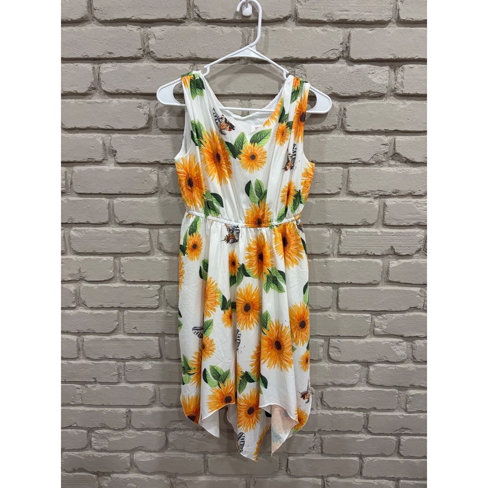 Sunny Fashion Girls Sunflower Butterfly Print Handkerchief Hem Dress Size 14